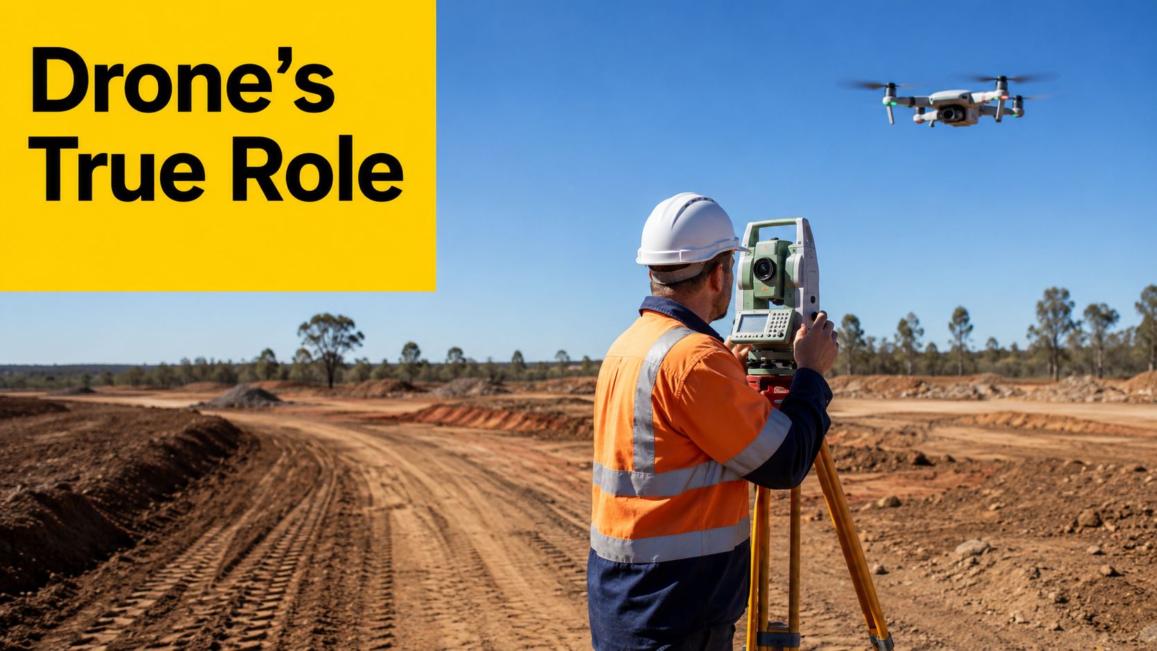A land surveyor in high visibility clothing using a total station on a large construction site.