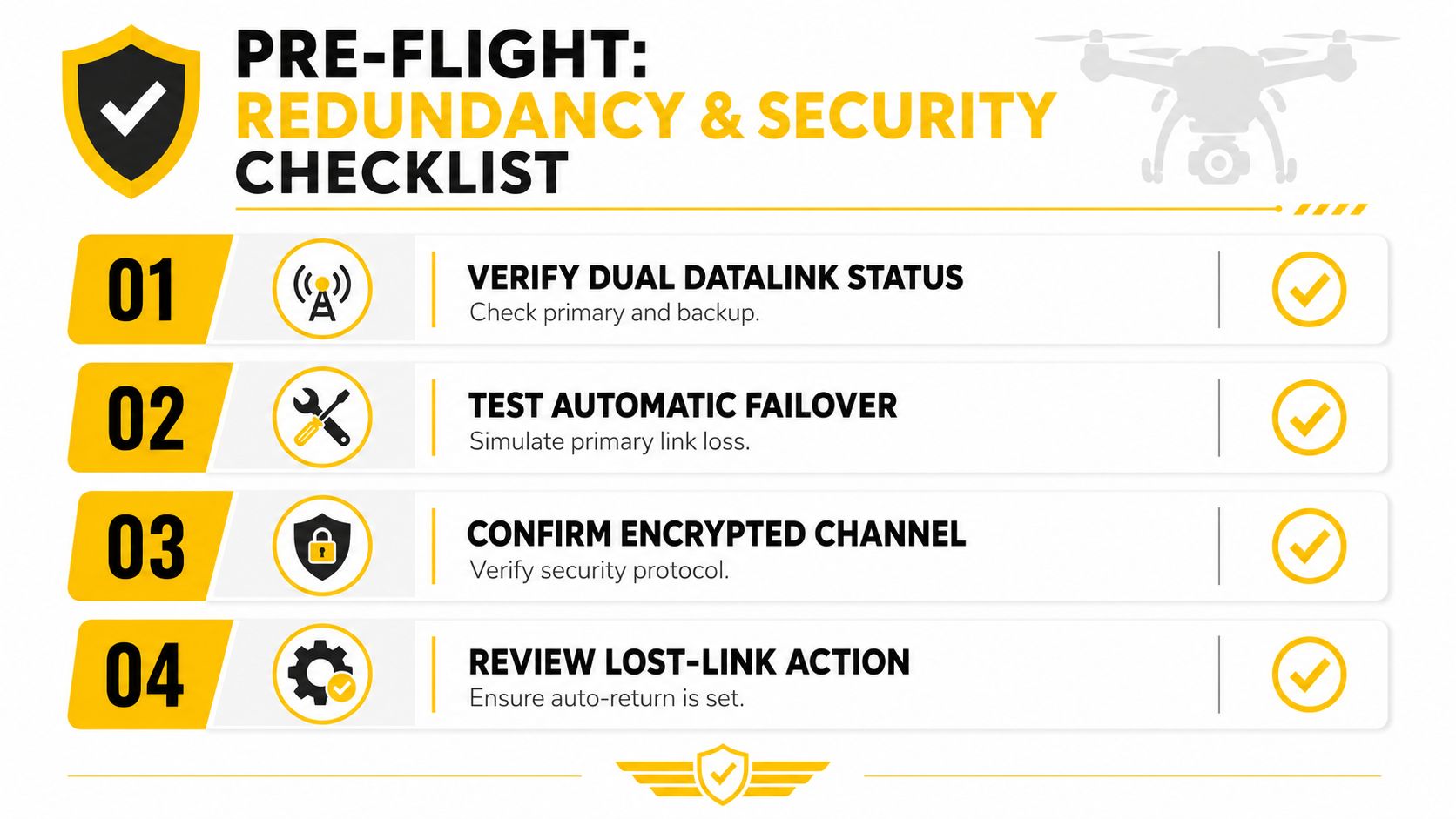 A drone pre-flight checklist infographic covering redundancy and security steps for safe and reliable flight operations.