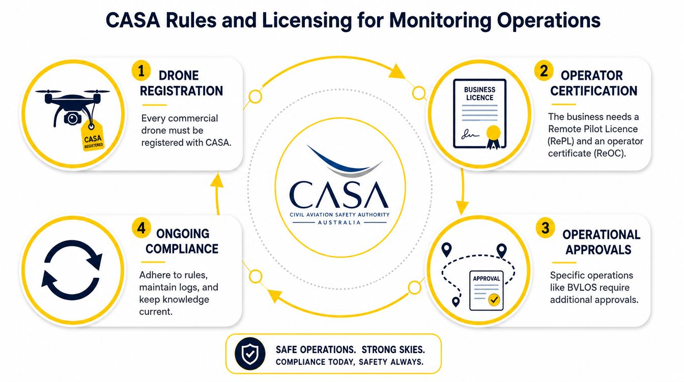 A diagram outlining the four steps for CASA drone registration and operational licensing requirements in Australia.