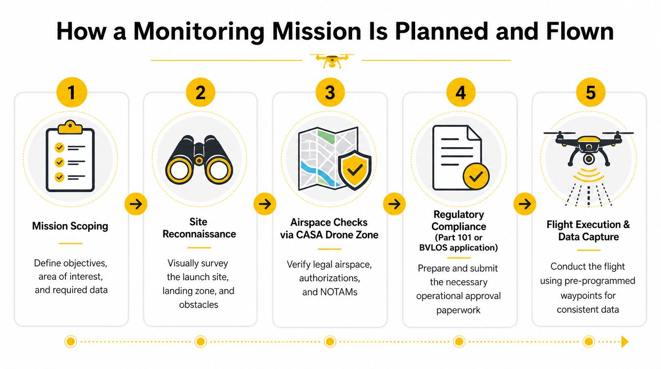 A five-step infographic showing the planning and flight process for an environmental monitoring drone mission.