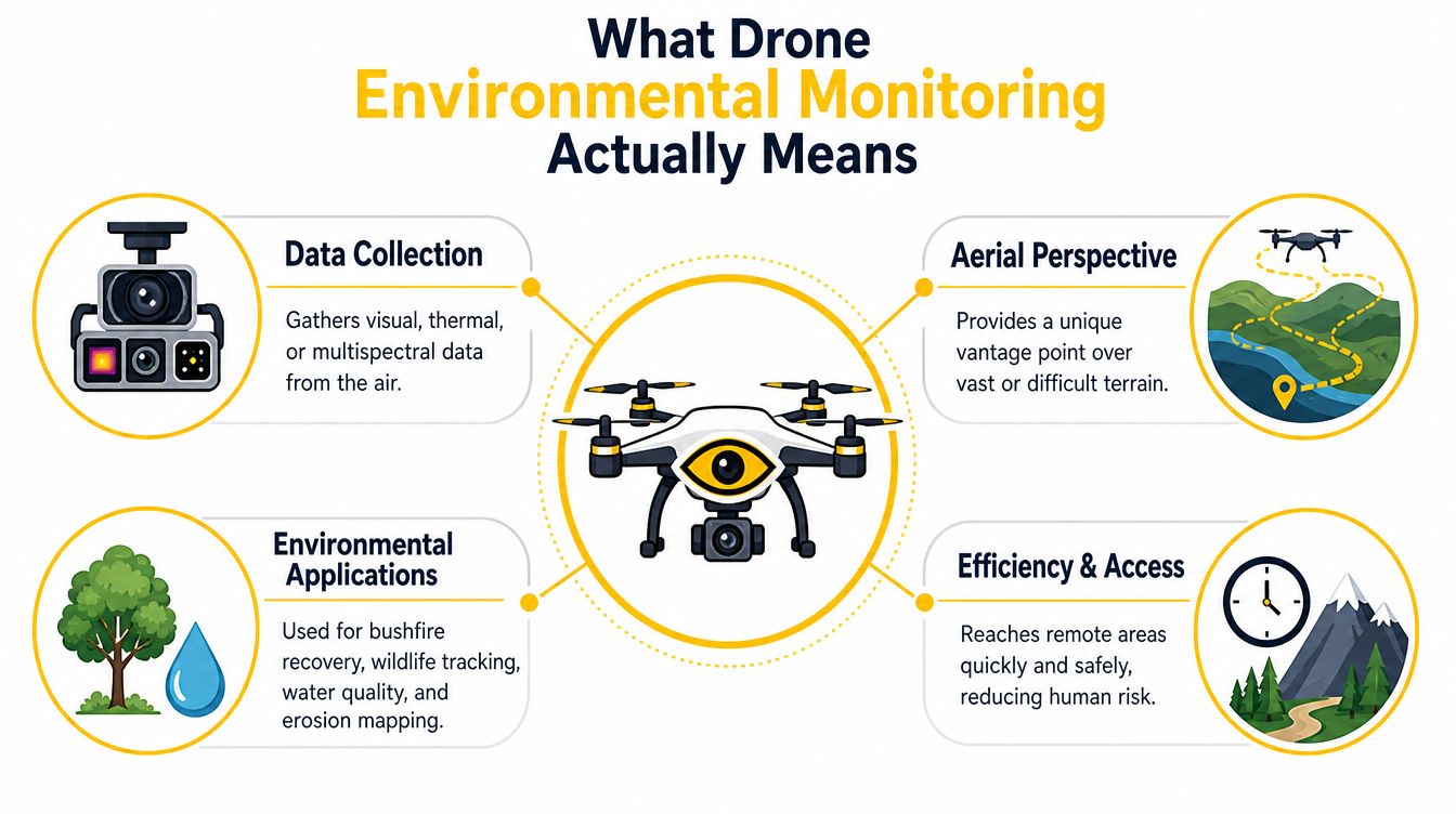 An infographic illustrating four key benefits of drone technology for environmental monitoring and data collection.