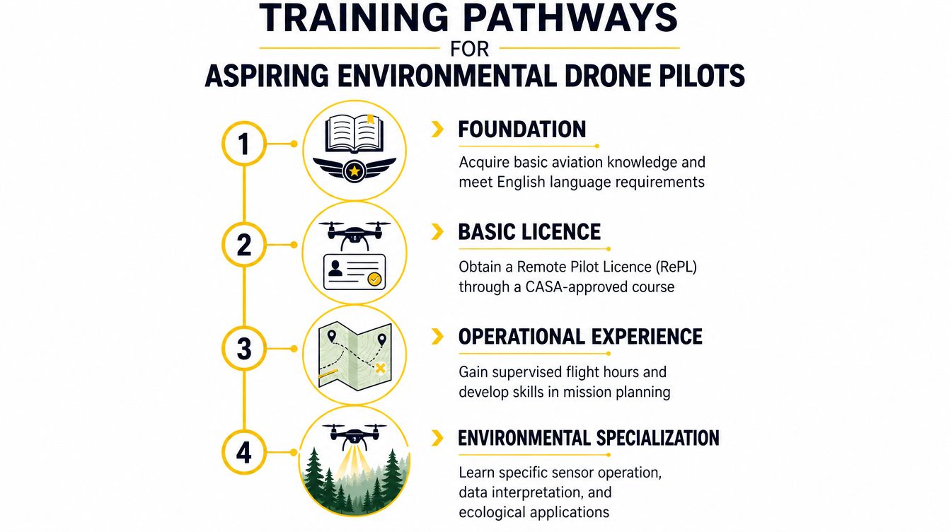 A four-step infographic illustrating the training pathway to becoming a professional environmental drone pilot.