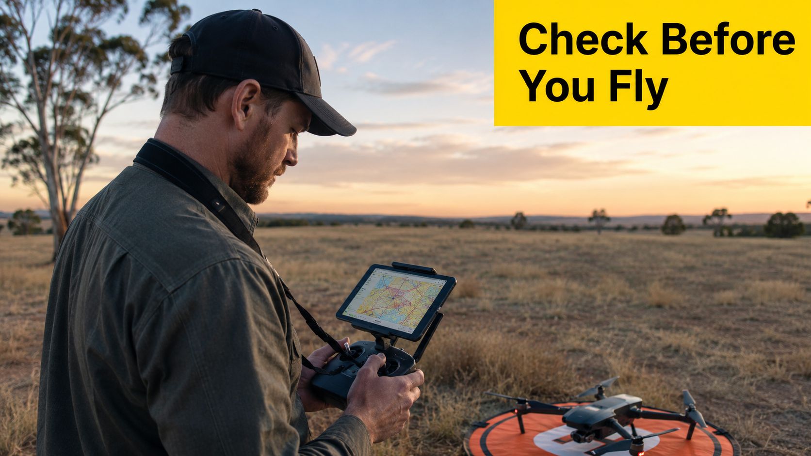 A drone operator checking flight safety and airspace maps on a tablet controller before takeoff.