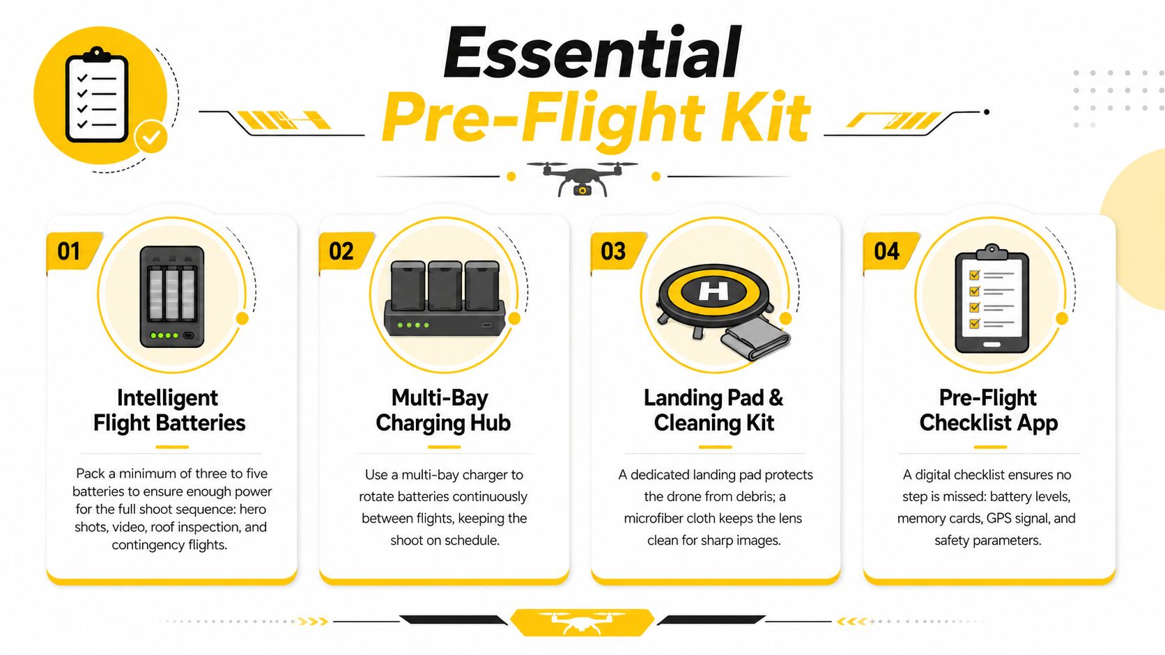 An infographic showing four essential pre-flight items for drone photography, including batteries, a charger, a landing pad, and a checklist.