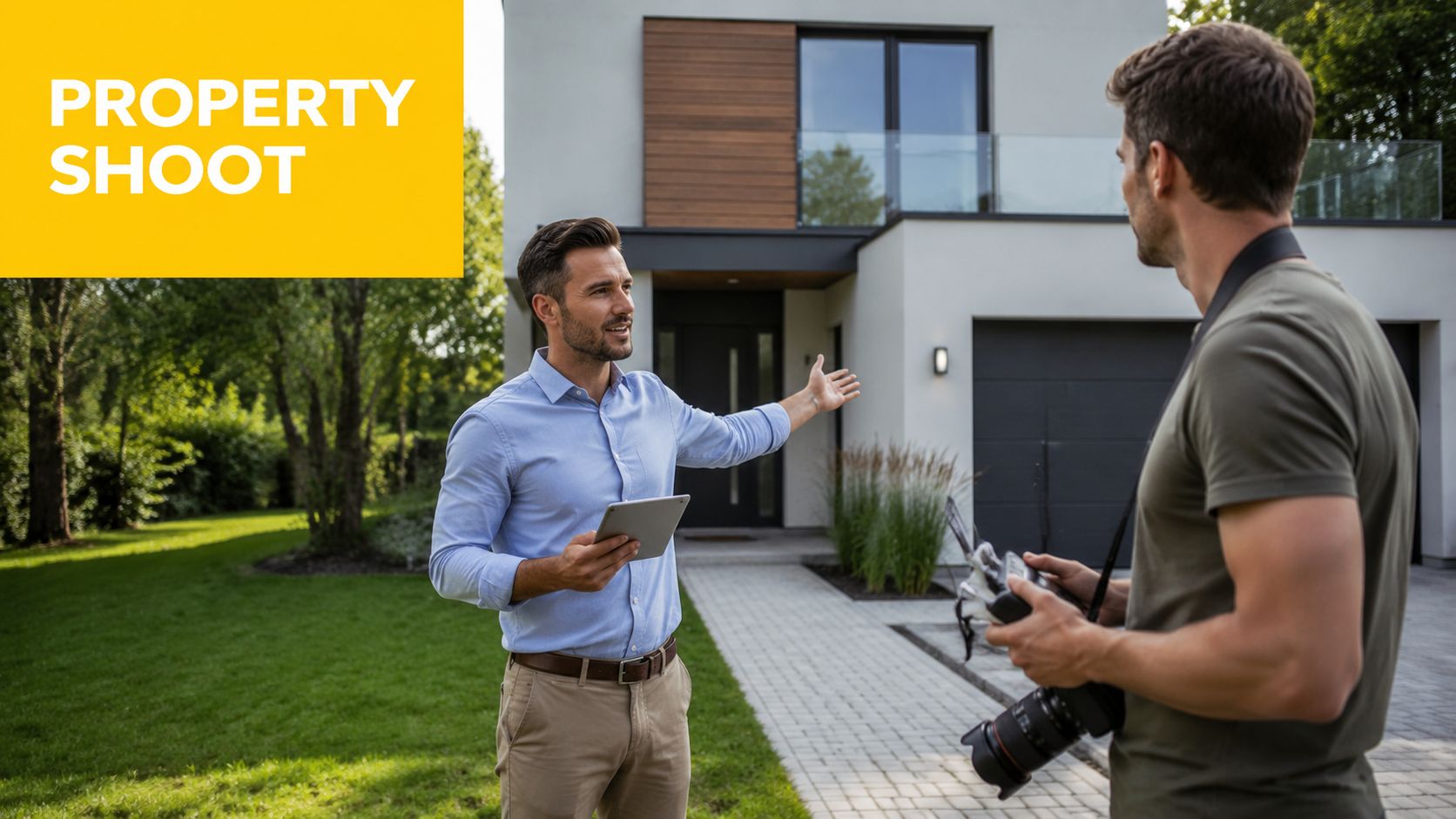 A real estate agent presenting a modern house to a photographer holding a drone controller and camera.