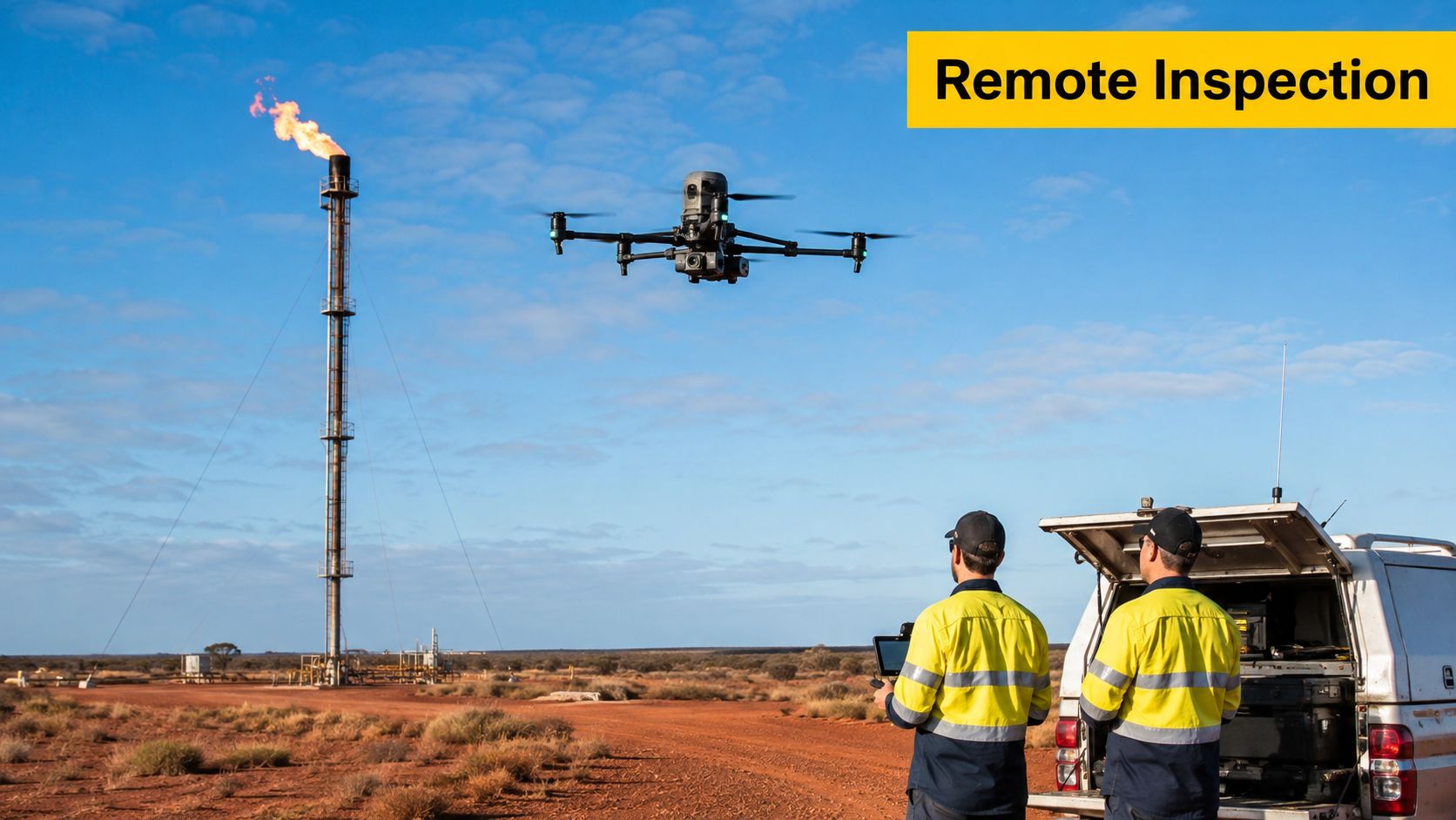 Two technicians operating a drone for remote inspection of an industrial oil and gas flare stack.
