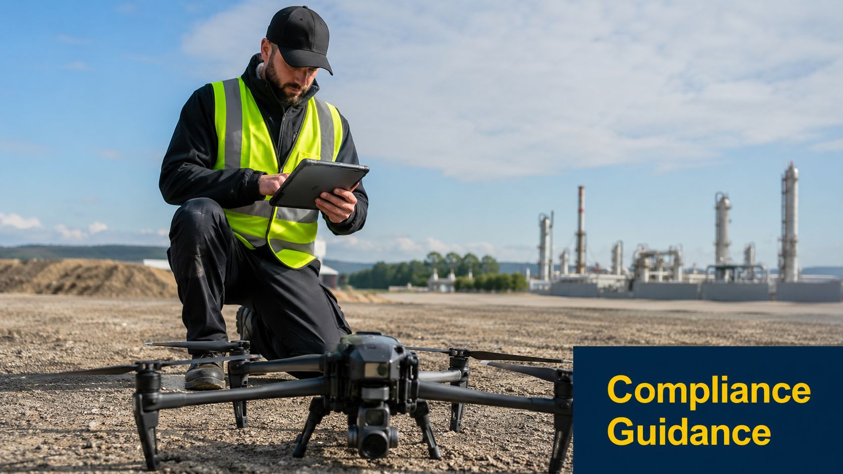 A technician kneeling on the ground while inspecting a professional drone at an industrial site.
