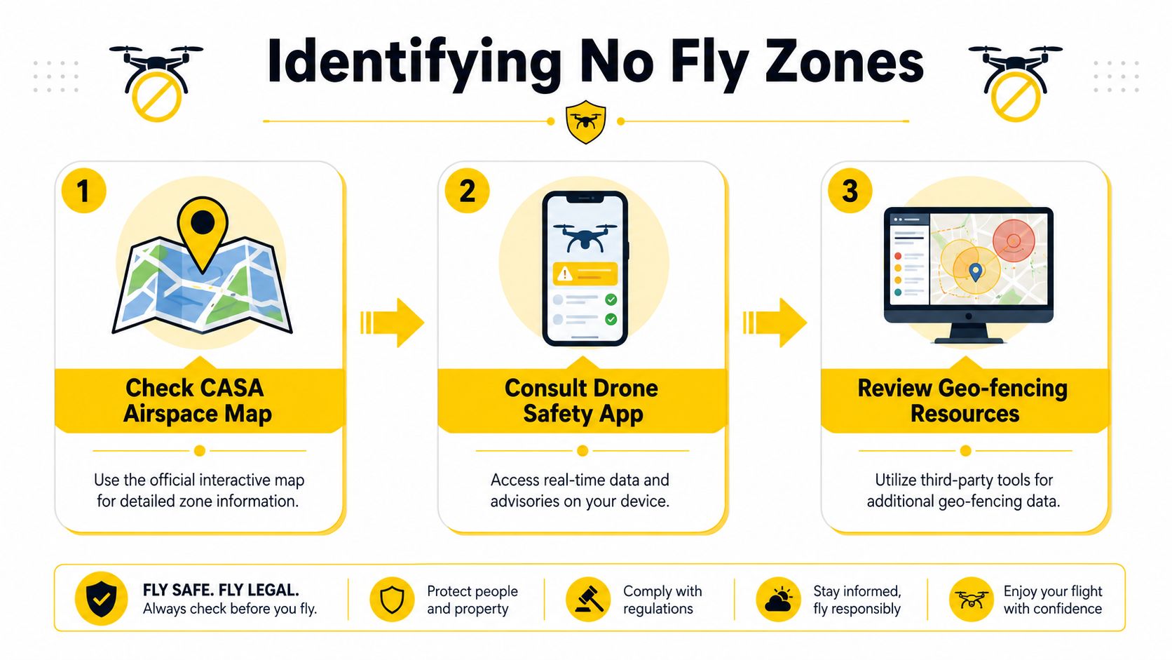 An infographic showing three steps to identify drone no fly zones, including maps, apps, and resources.