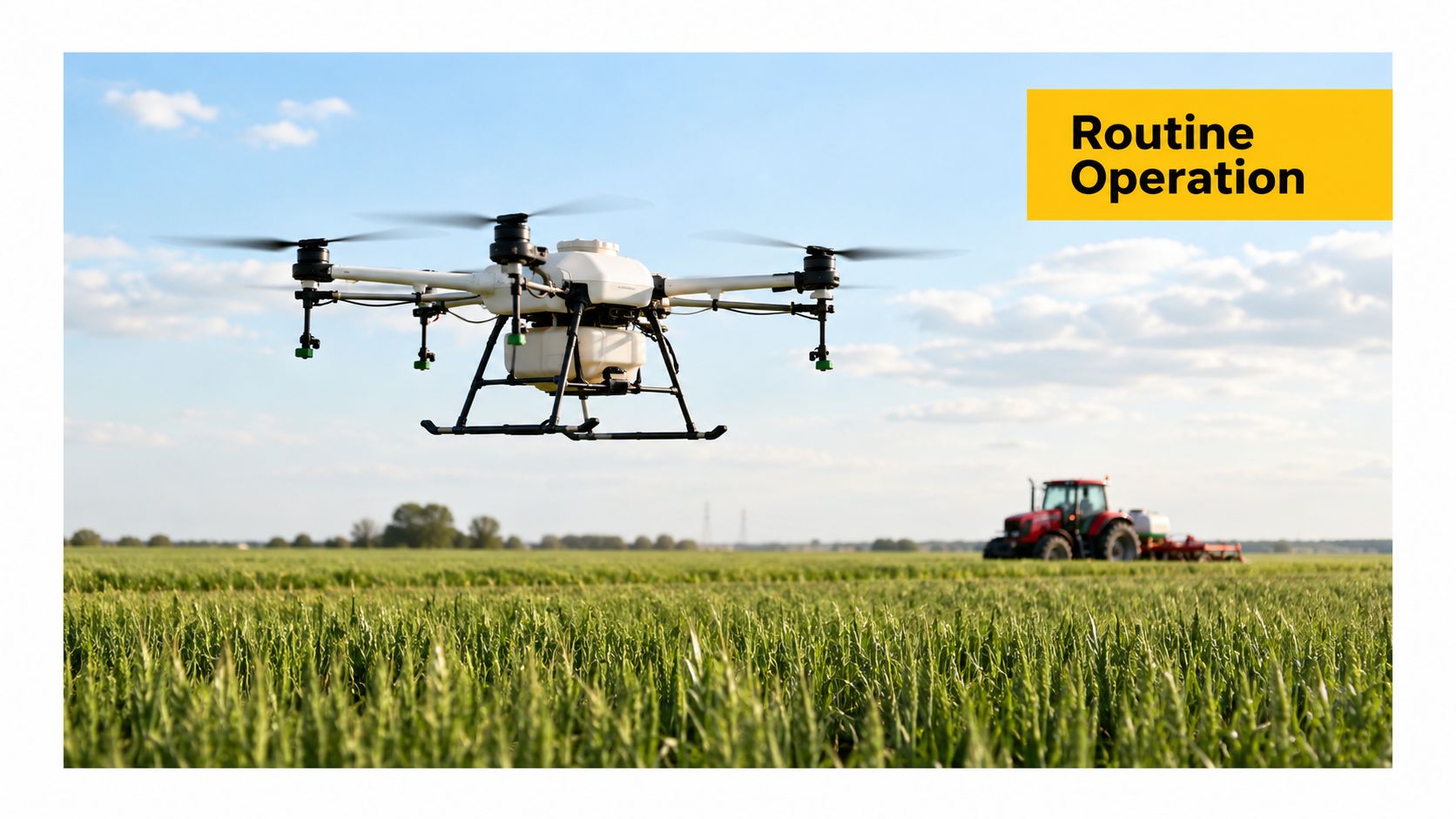 An agricultural drone flying over a field near a tractor, symbolizing modern technology and crop management.
