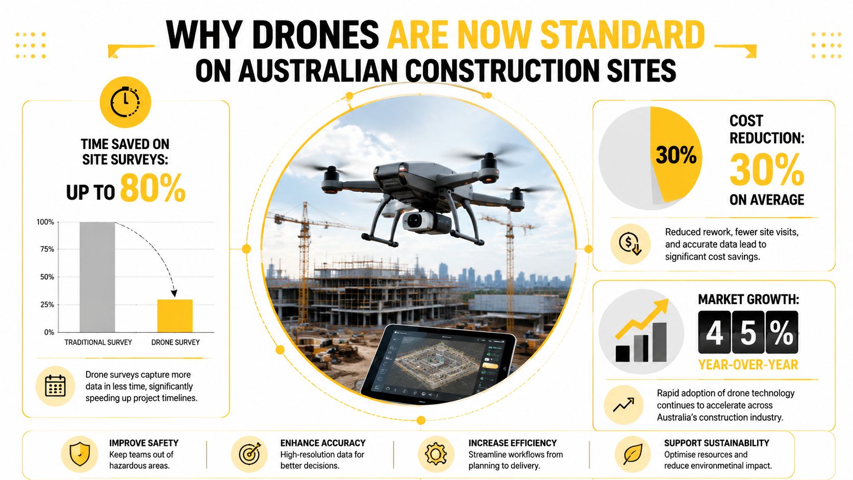 An infographic highlighting the benefits of using drones on Australian construction sites for efficiency and safety.