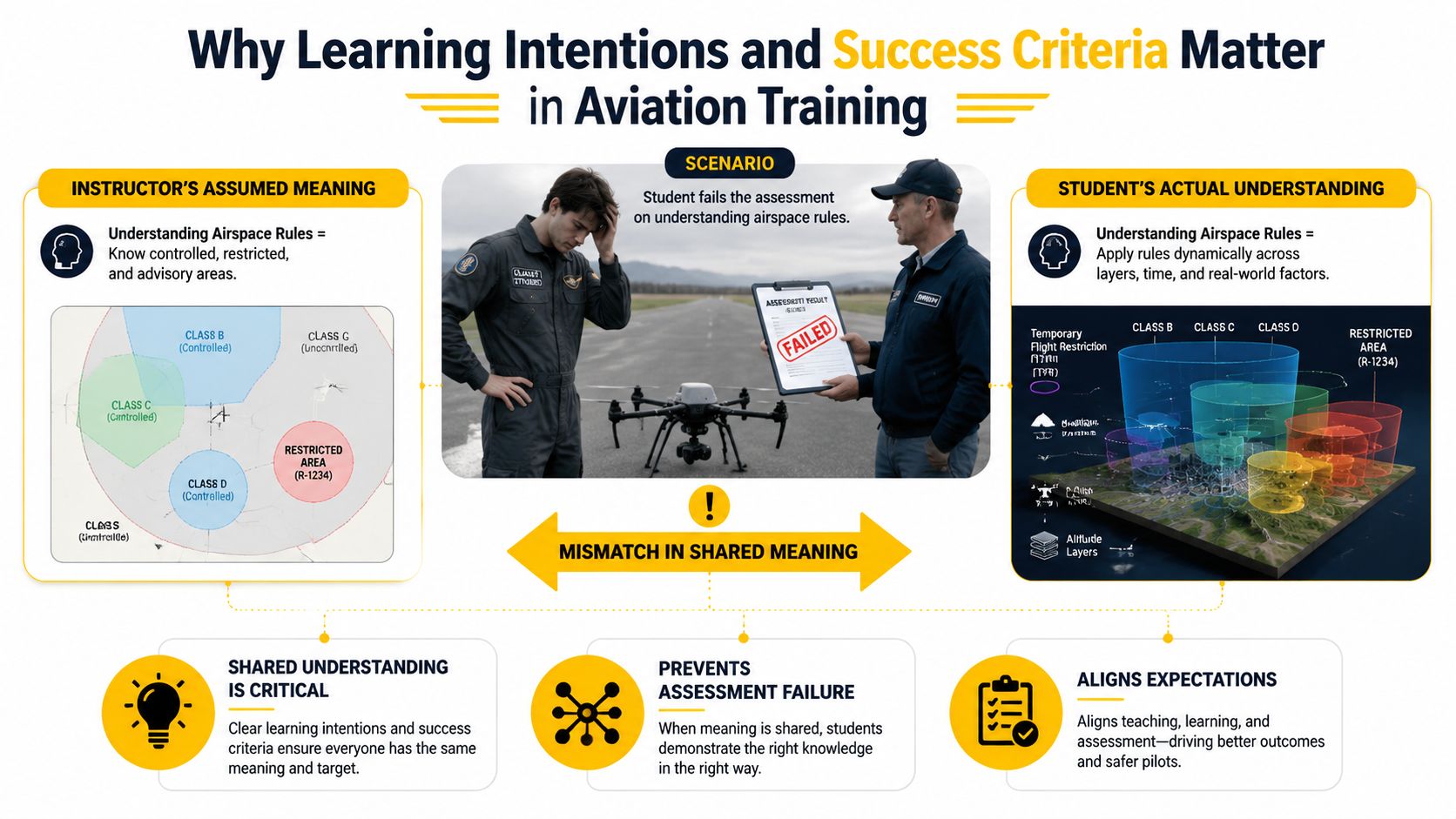 A diagram illustrating the importance of shared learning intentions and success criteria in aviation pilot training.