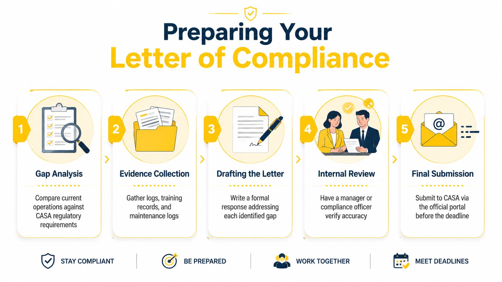 A five-step infographic guide detailing the process for preparing a formal Letter of Compliance for CASA regulations.