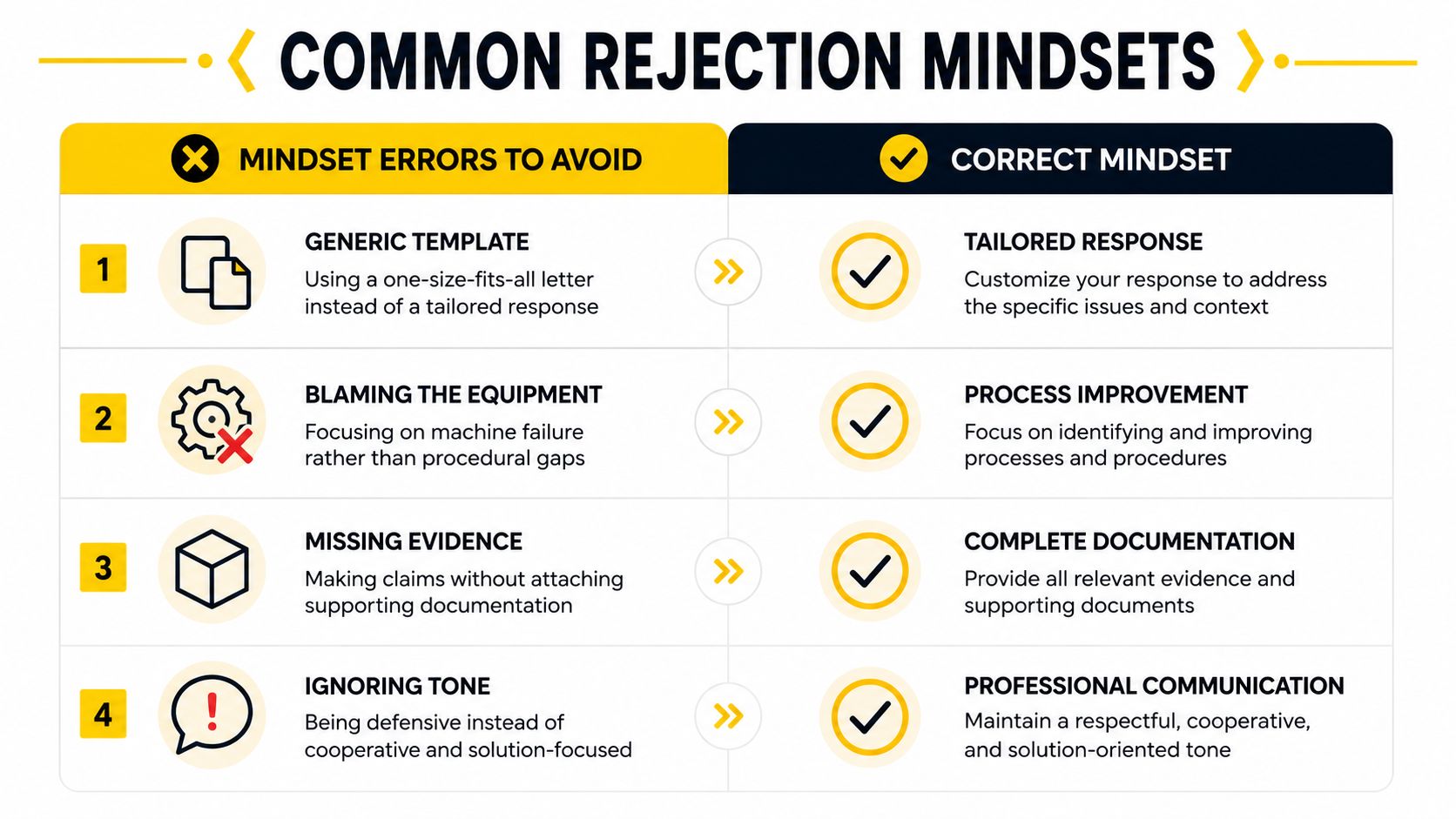 A table comparing common rejection mindsets to correct mindsets for professional document and process compliance.