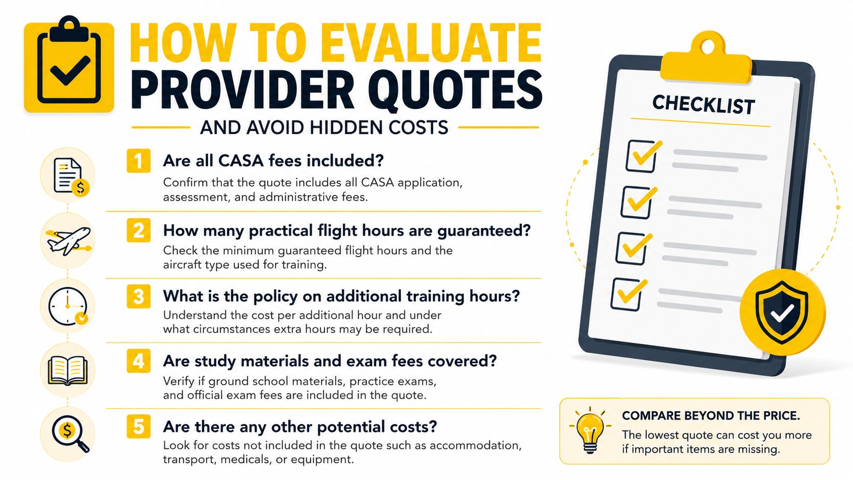 An infographic checklist for evaluating flight training provider quotes and identifying hidden costs in training programs.