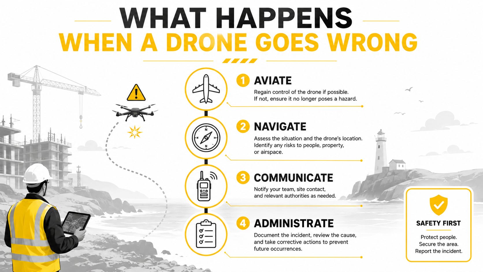 An infographic showing four emergency procedure steps for managing a drone malfunction on a construction site.