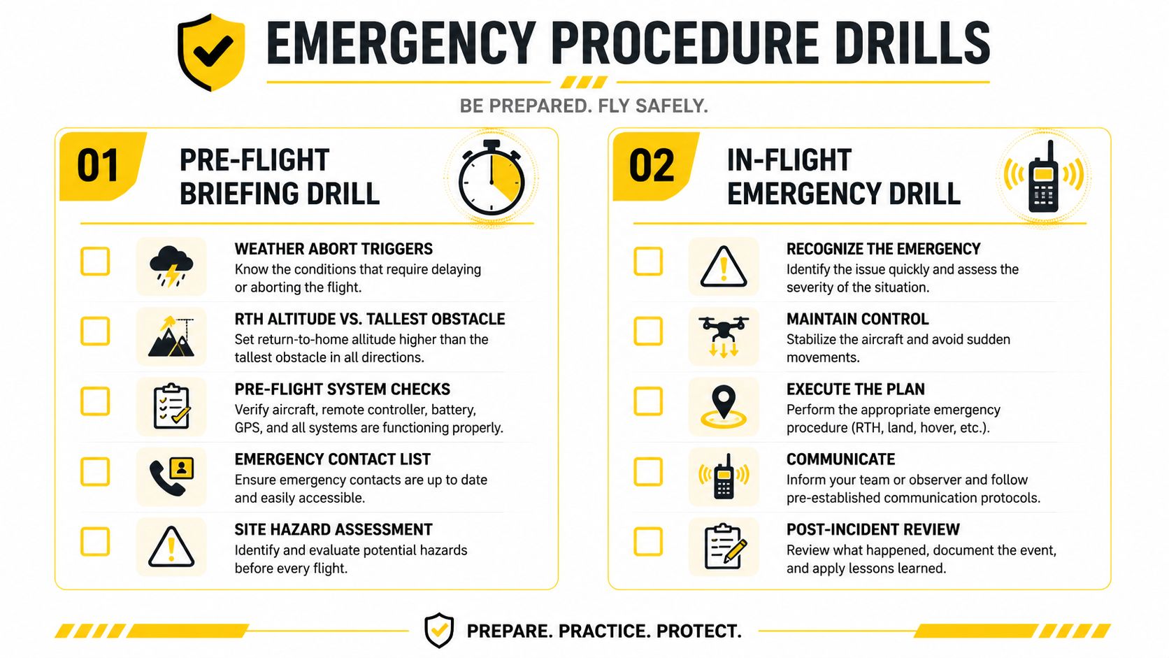 An infographic titled Emergency Procedure Drills showing steps for pre-flight and in-flight drone safety protocols.