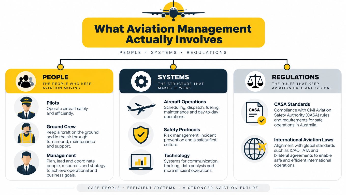 An infographic titled What Aviation Management Actually Involves, categorized into People, Systems, and Regulations sections.