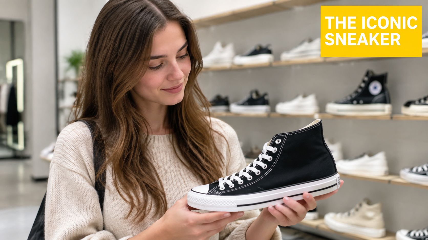 A young woman smiling while holding a black high top canvas shoe in a clothing retail store.
