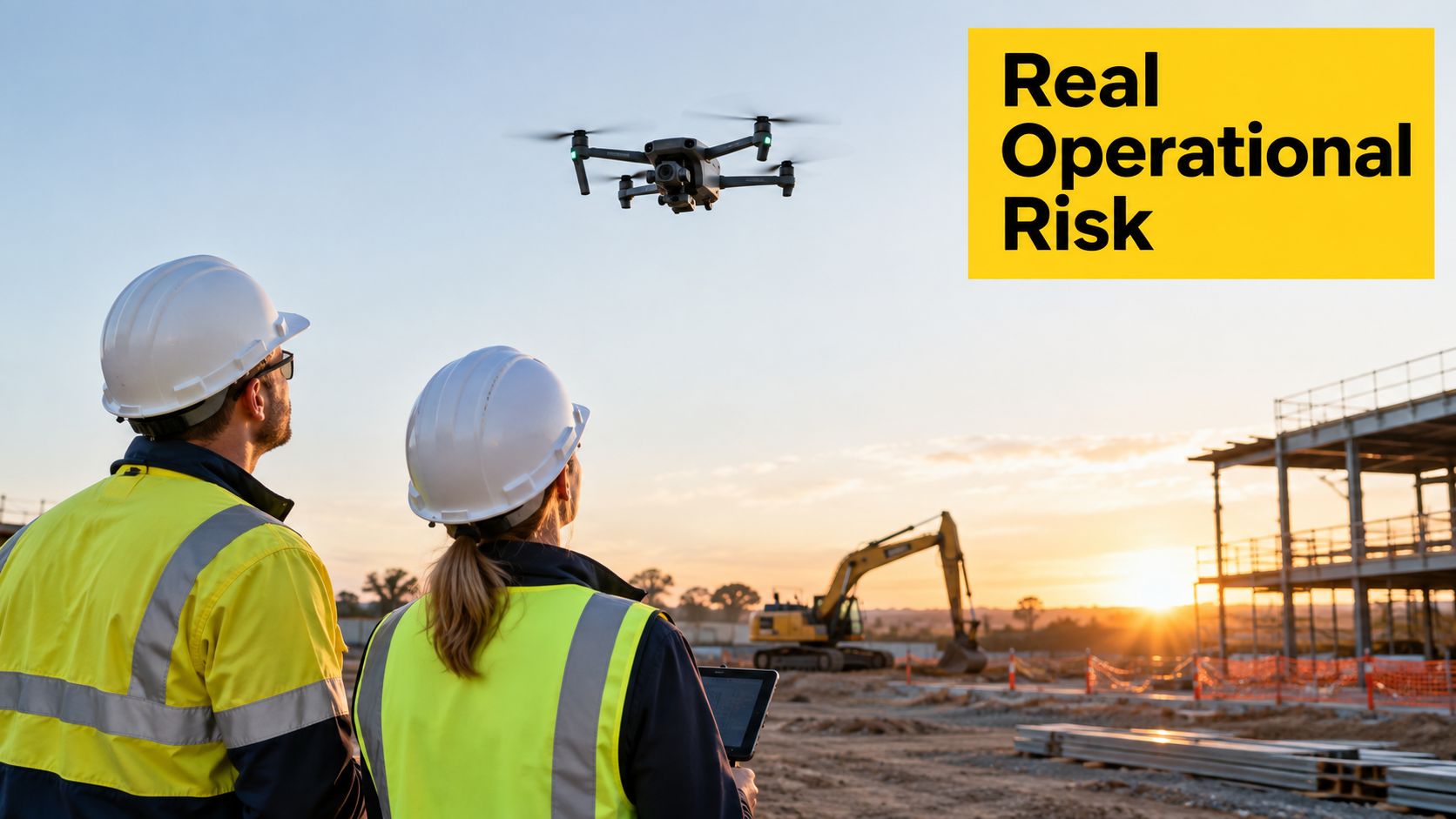 Two construction workers in high visibility vests and hard hats operating a drone on a work site.