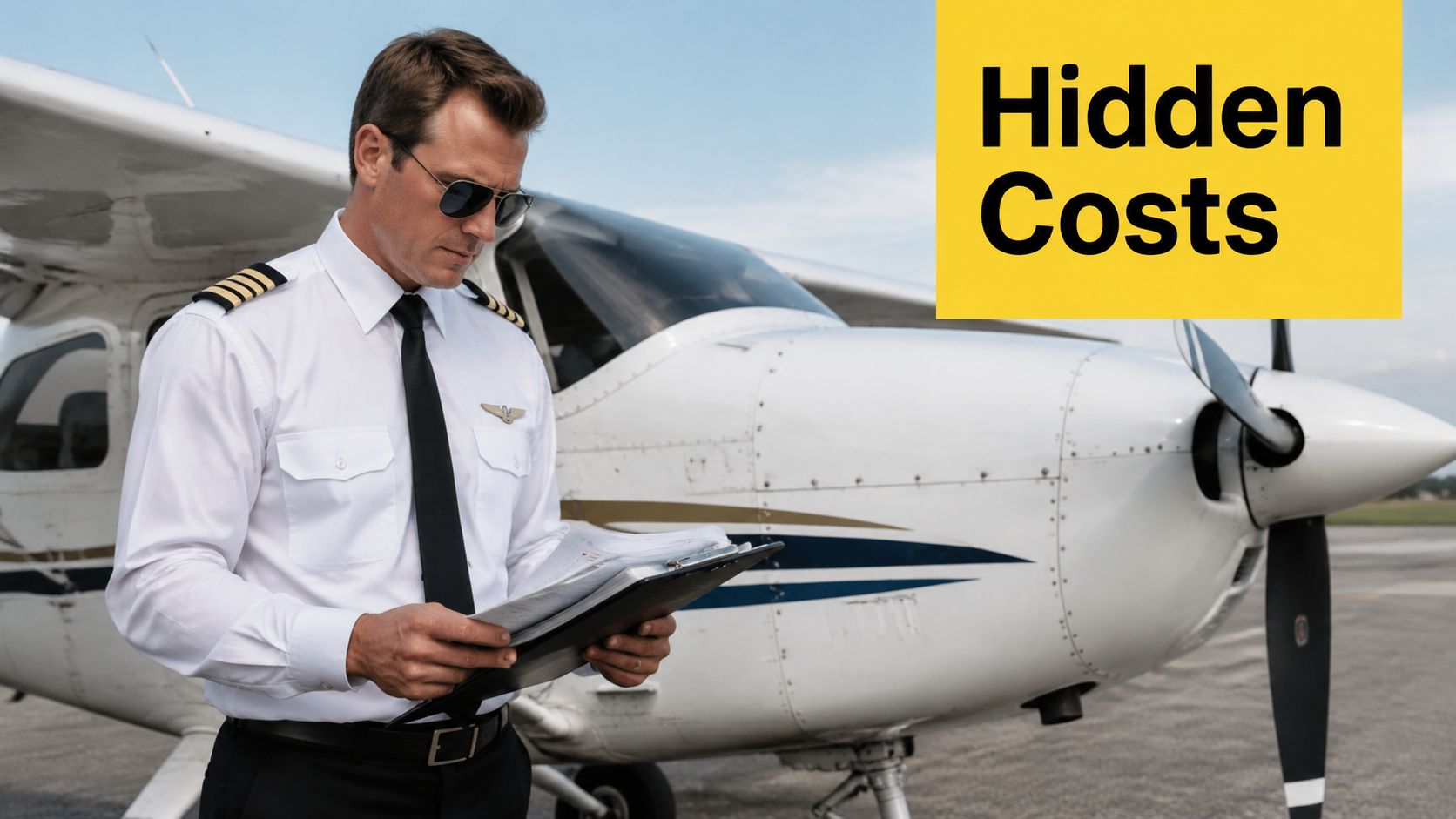 A professional pilot in a uniform reviewing documents in front of a small private airplane.