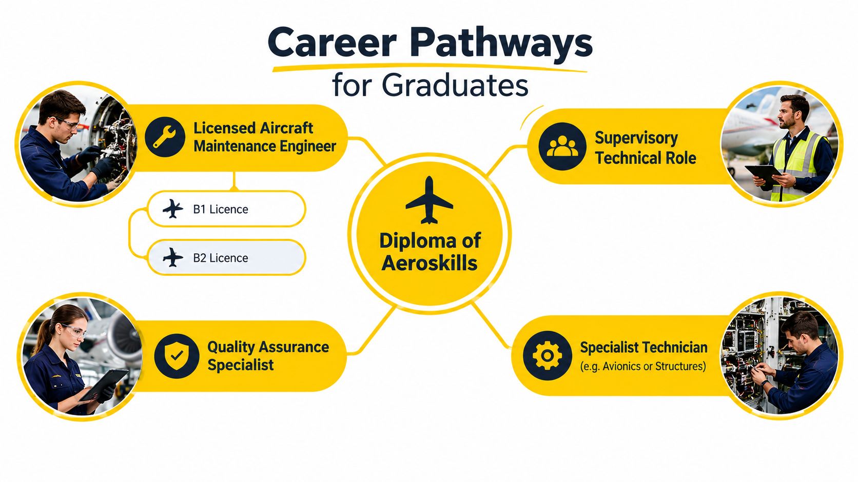 An infographic showing various career pathways available for graduates with a Diploma of Aeroskills certification.