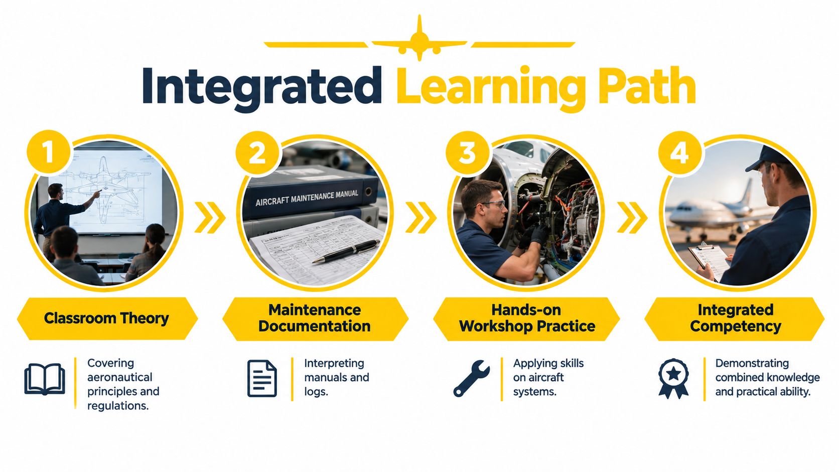 An infographic showing the four-stage integrated learning path for students pursuing a diploma of aeroskills in aviation.