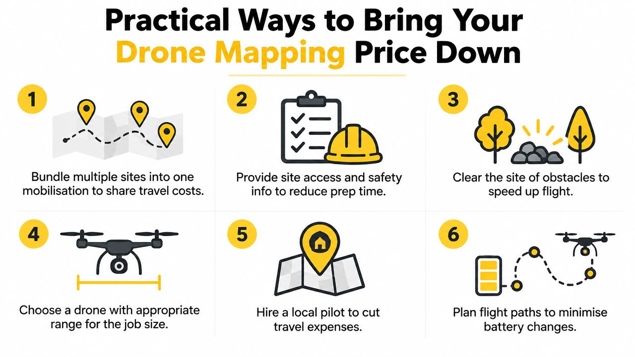 An infographic titled Practical Ways to Bring Your Drone Mapping Price Down featuring six helpful tips.
