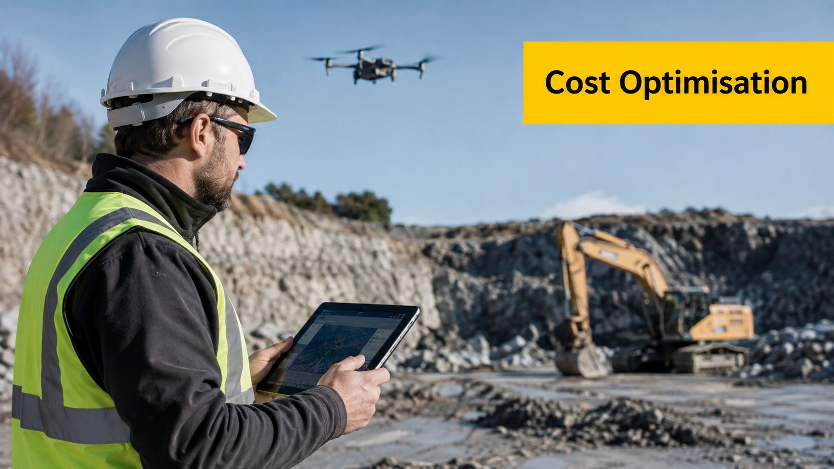 A construction worker uses a tablet to control a drone for a site survey at a quarry.