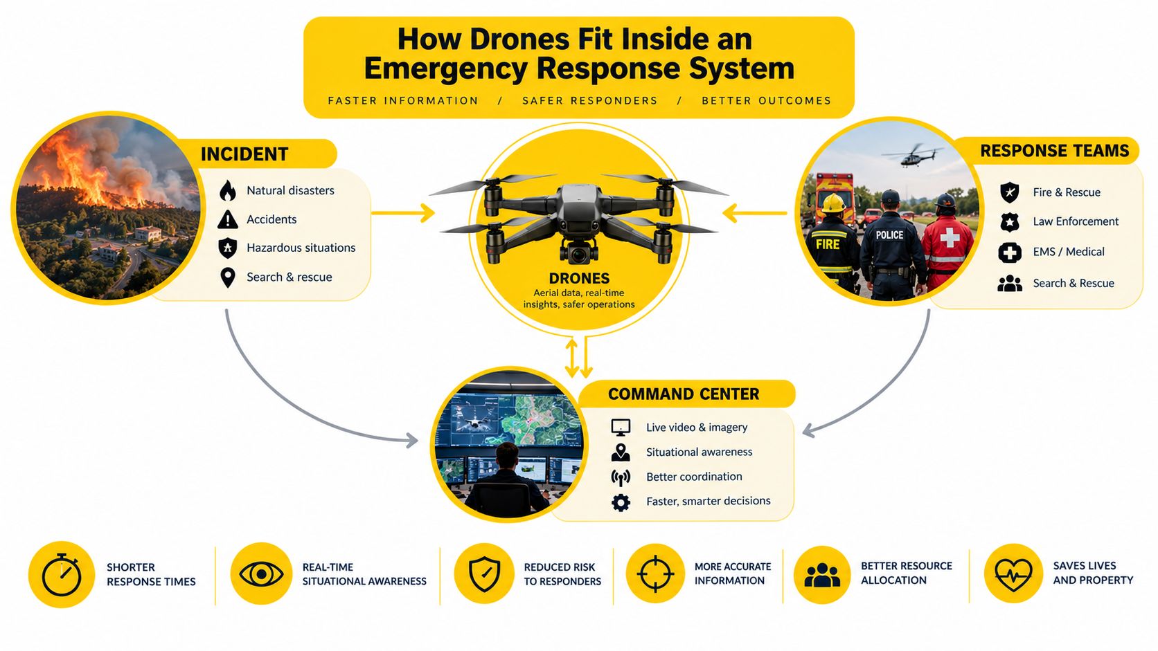 A diagram illustrating how drones improve emergency response systems for incidents, command centers, and response teams.