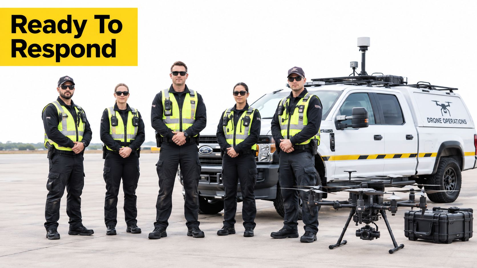 An emergency response team stands in front of their white drone operations vehicle on a tarmac.