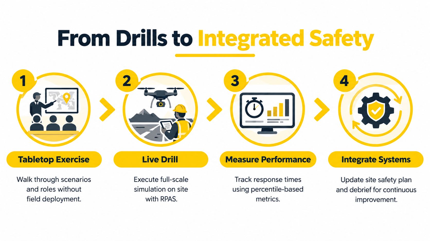 A four-step infographic illustrating the process from tabletop exercises to integrated safety for emergency response teams.