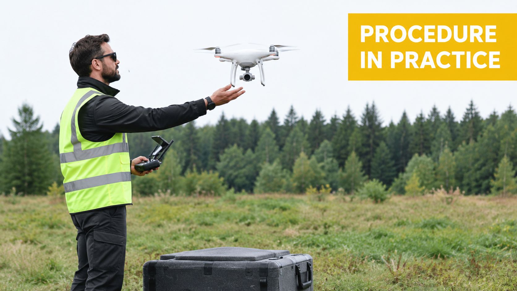 A drone pilot wearing a reflective safety vest holding a white drone above a field.