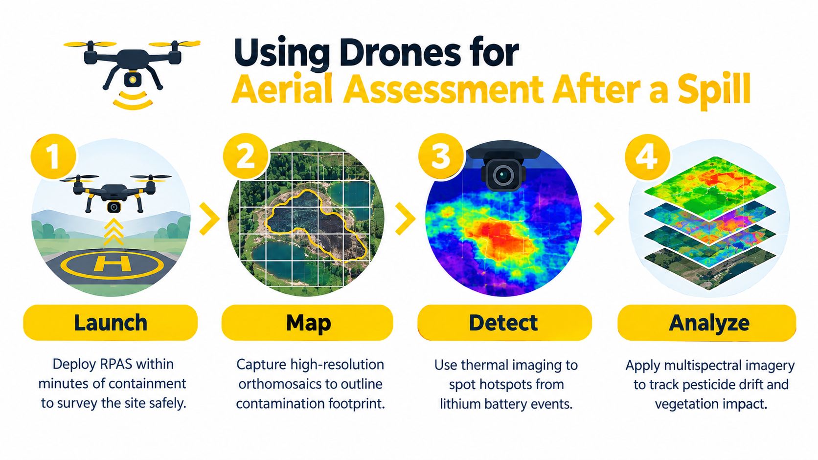 A four-step infographic illustrating the use of drones for aerial assessment after an environmental spill incident.