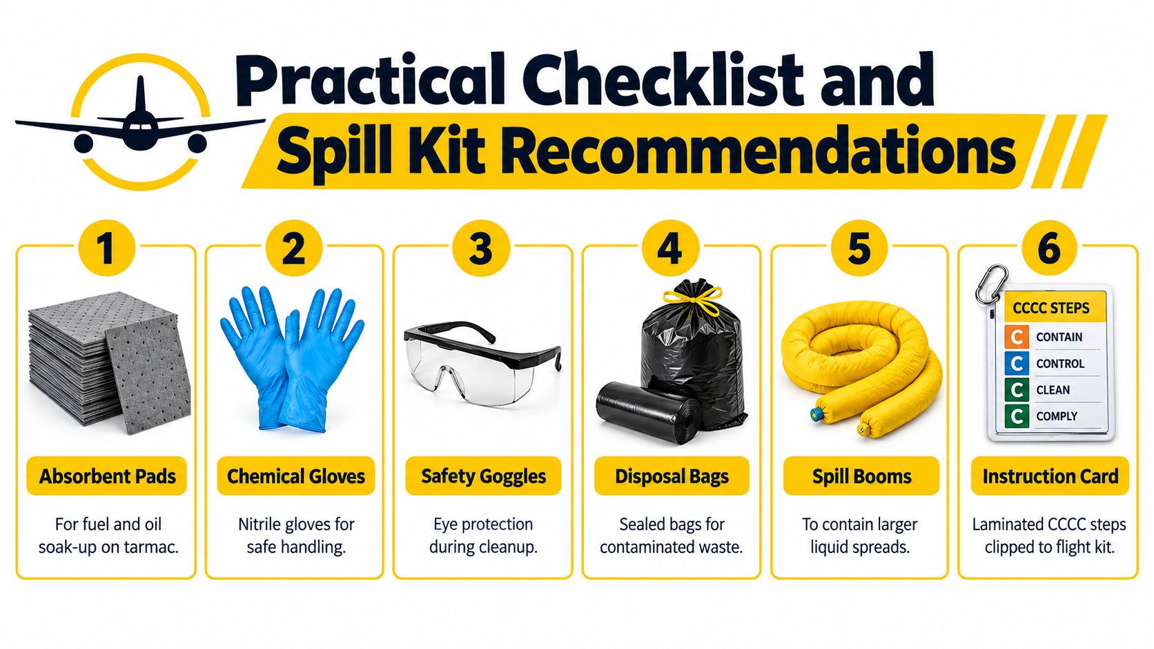 A visual guide for spill kits including absorbent pads, safety equipment, and instructions for emergency cleanup.