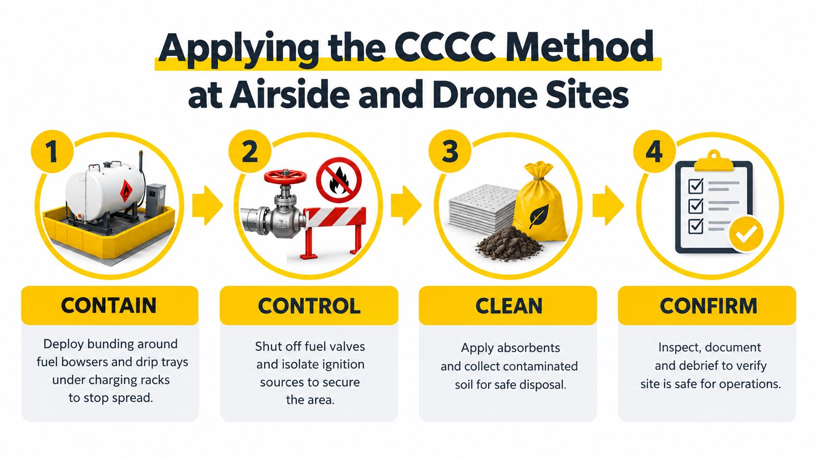 A four-step infographic illustrating the CCCC method for emergency spill response at airside and drone sites.