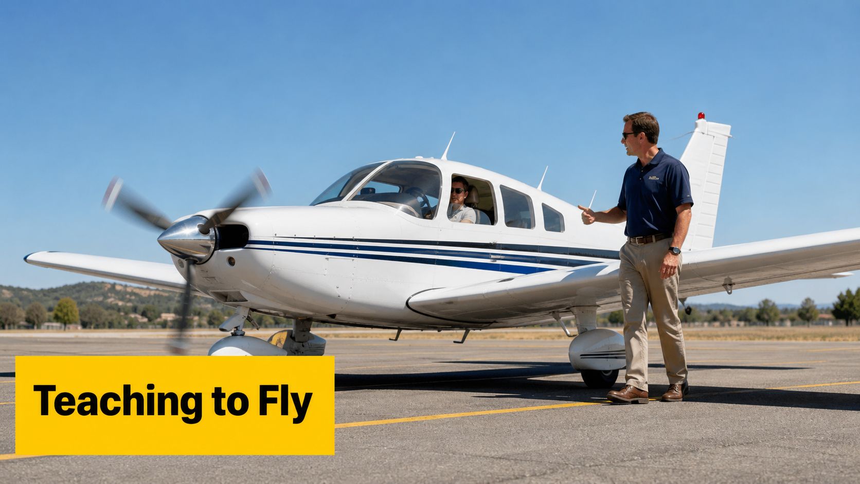 A flight instructor gives a thumbs up to a student pilot inside a small light aircraft.