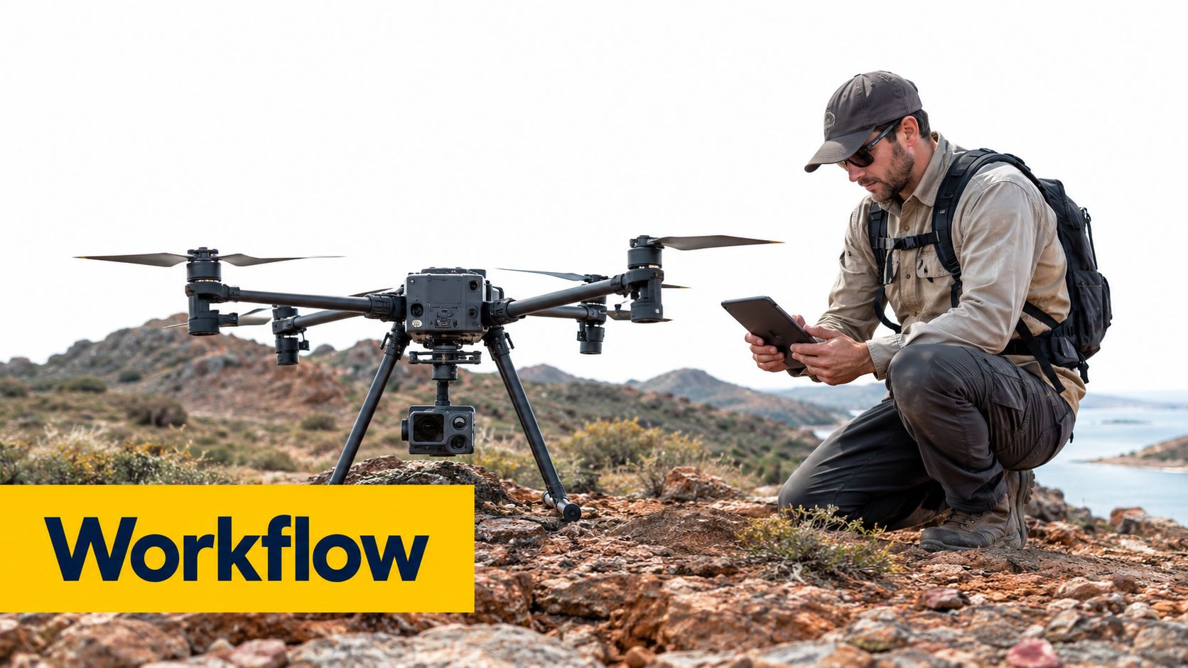 A professional surveyor kneeling on rocky terrain, using a tablet to operate an industrial surveying drone.