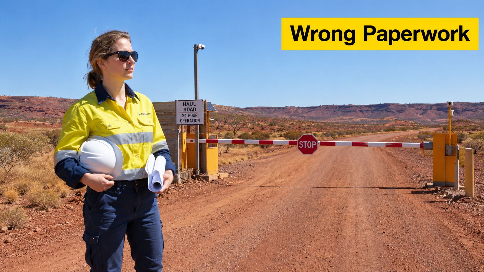 A professional woman in a high-visibility work shirt and hard hat standing by a haul road barrier.