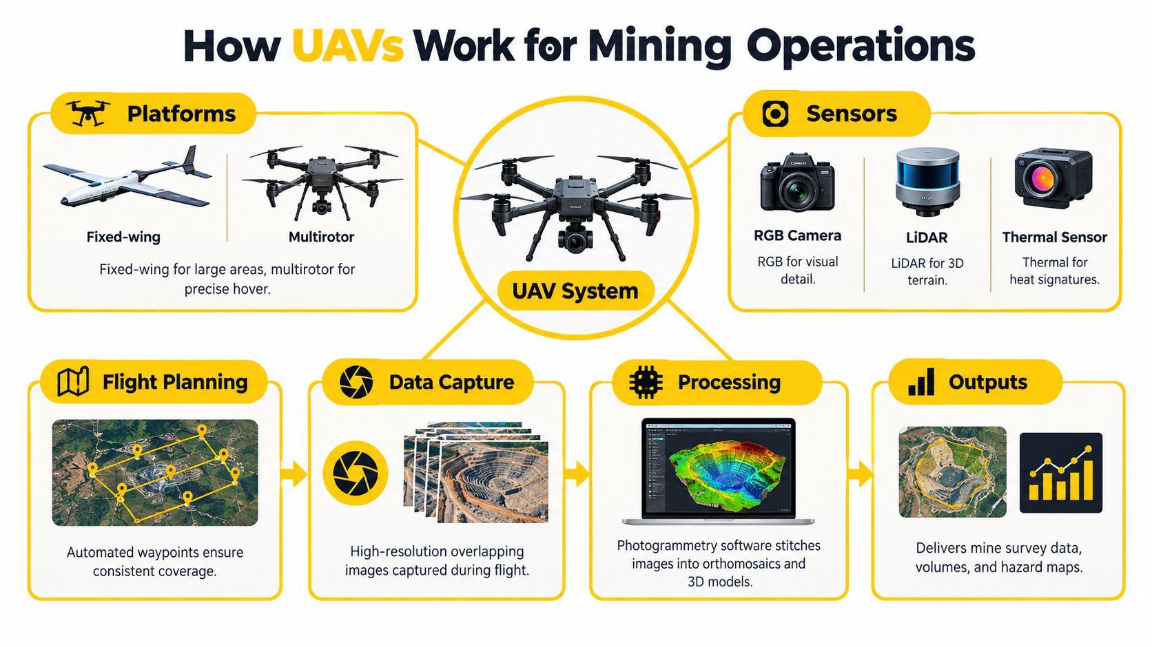 An infographic illustrating how UAV systems are utilized in mining operations through platforms, sensors, and data processing.