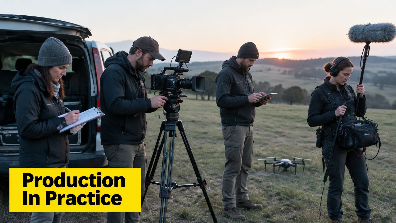 A professional film production crew filming in an outdoor field at sunrise with a camera and boom.