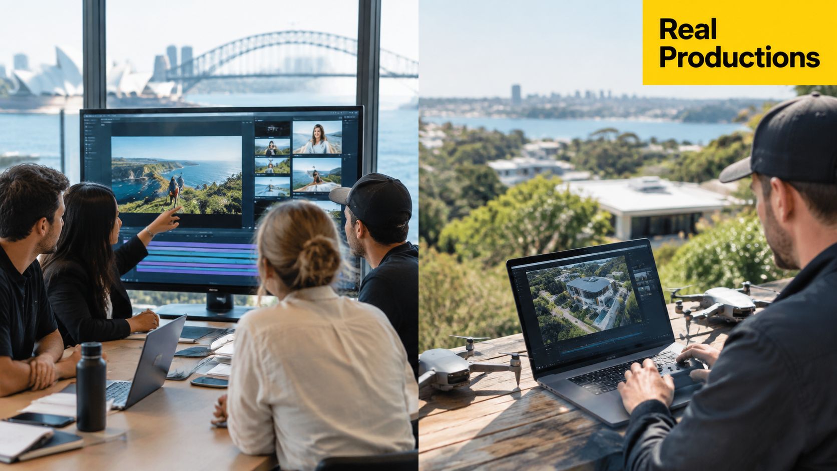 A split image showing a creative team working on video production in an office and on location.