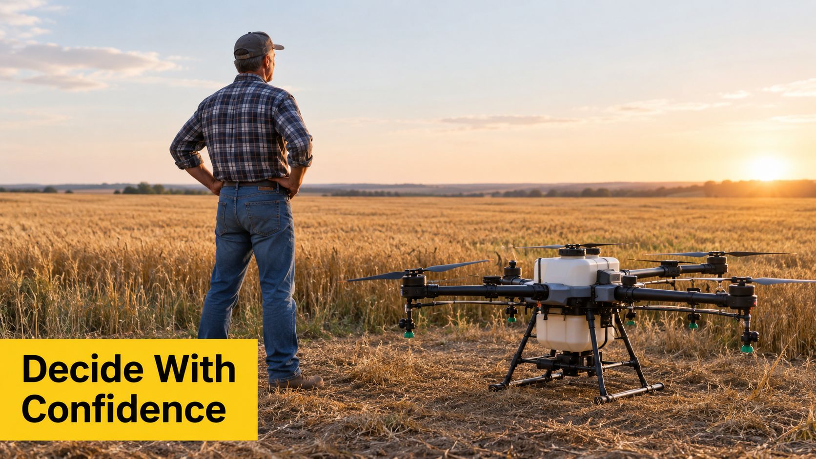 A farmer standing in a golden wheat field with an agricultural drone for precision spraying nearby.