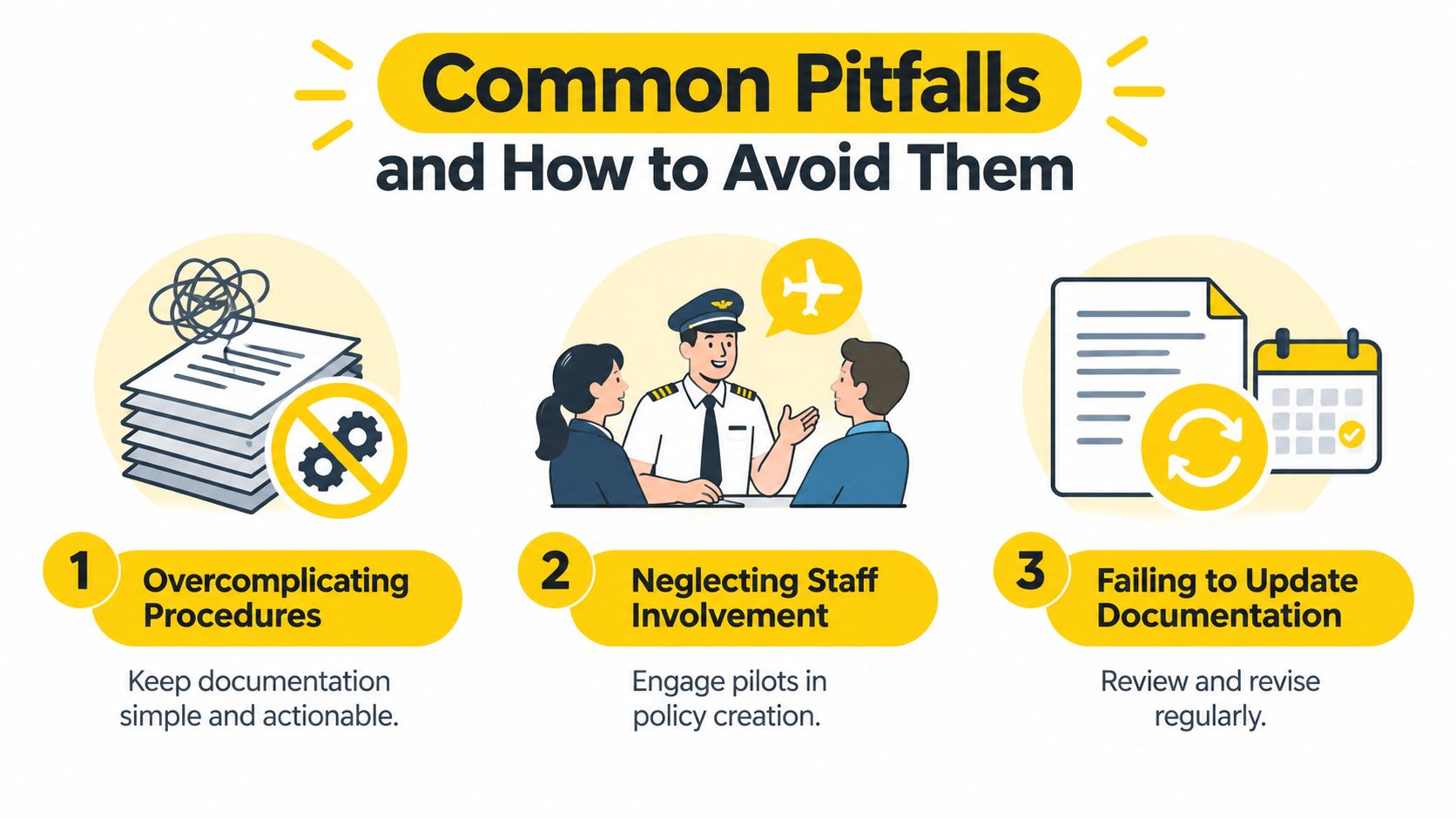 An infographic detailing common pitfalls in documentation with advice on how to improve aviation management processes.