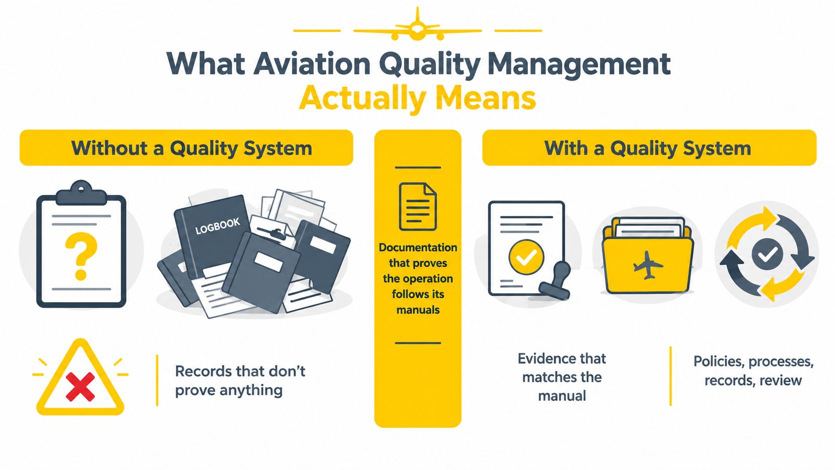 A diagram comparing aviation operations with and without a structured quality management system to ensure regulatory compliance.