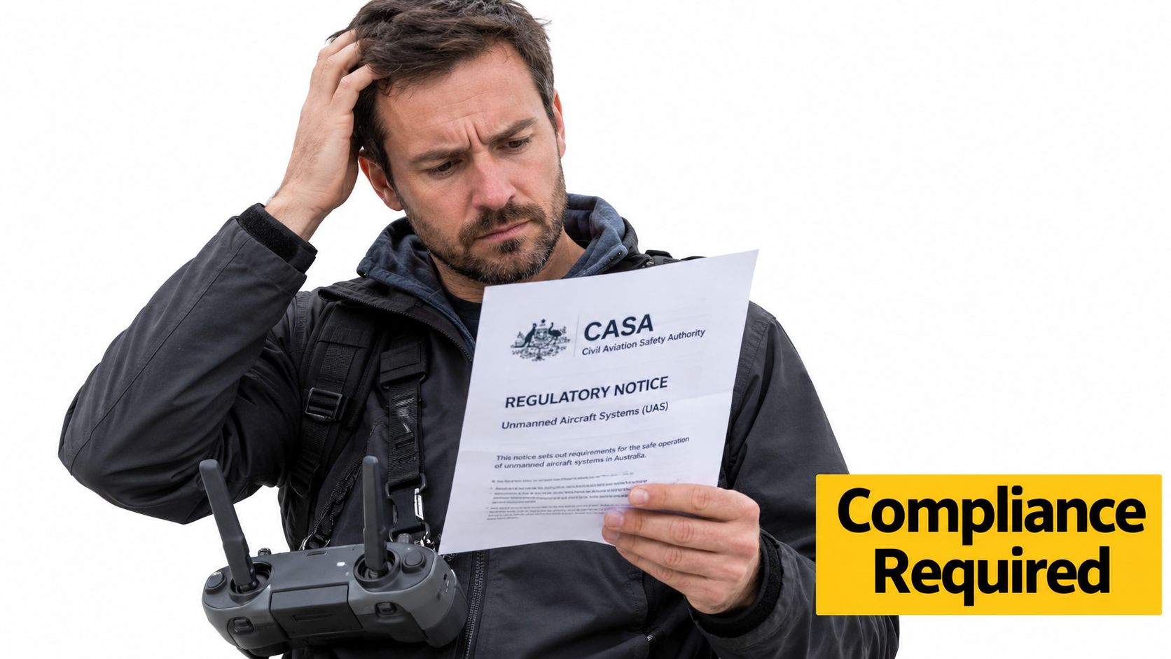 A confused drone operator reviews an official CASA regulatory notice regarding unmanned aircraft system safety requirements.
