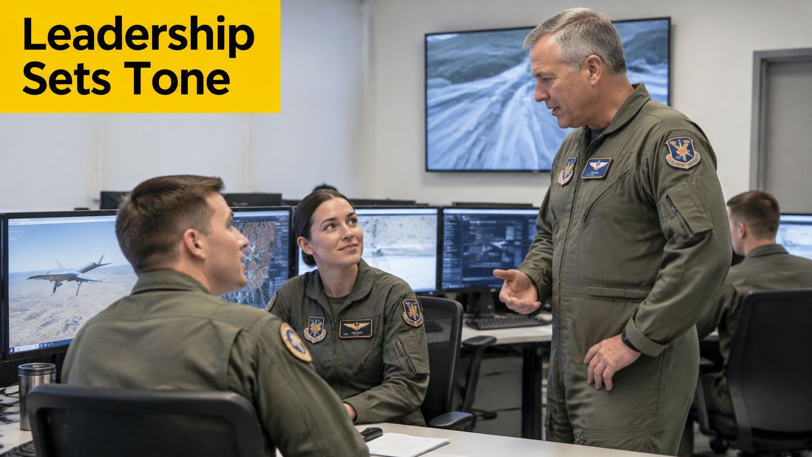 A high-ranking officer mentors two airmen at a computer workstation in an aviation operations center.