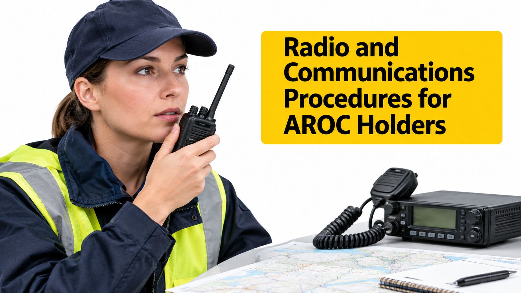 A professional wearing a safety vest and cap uses a handheld radio, with aviation communication equipment nearby.