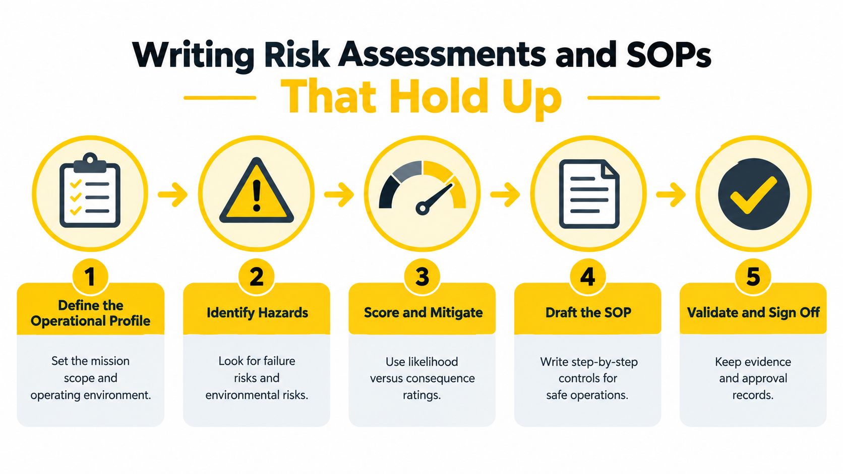 A flowchart showing five steps for creating effective risk assessments and standard operating procedures for drone operations.