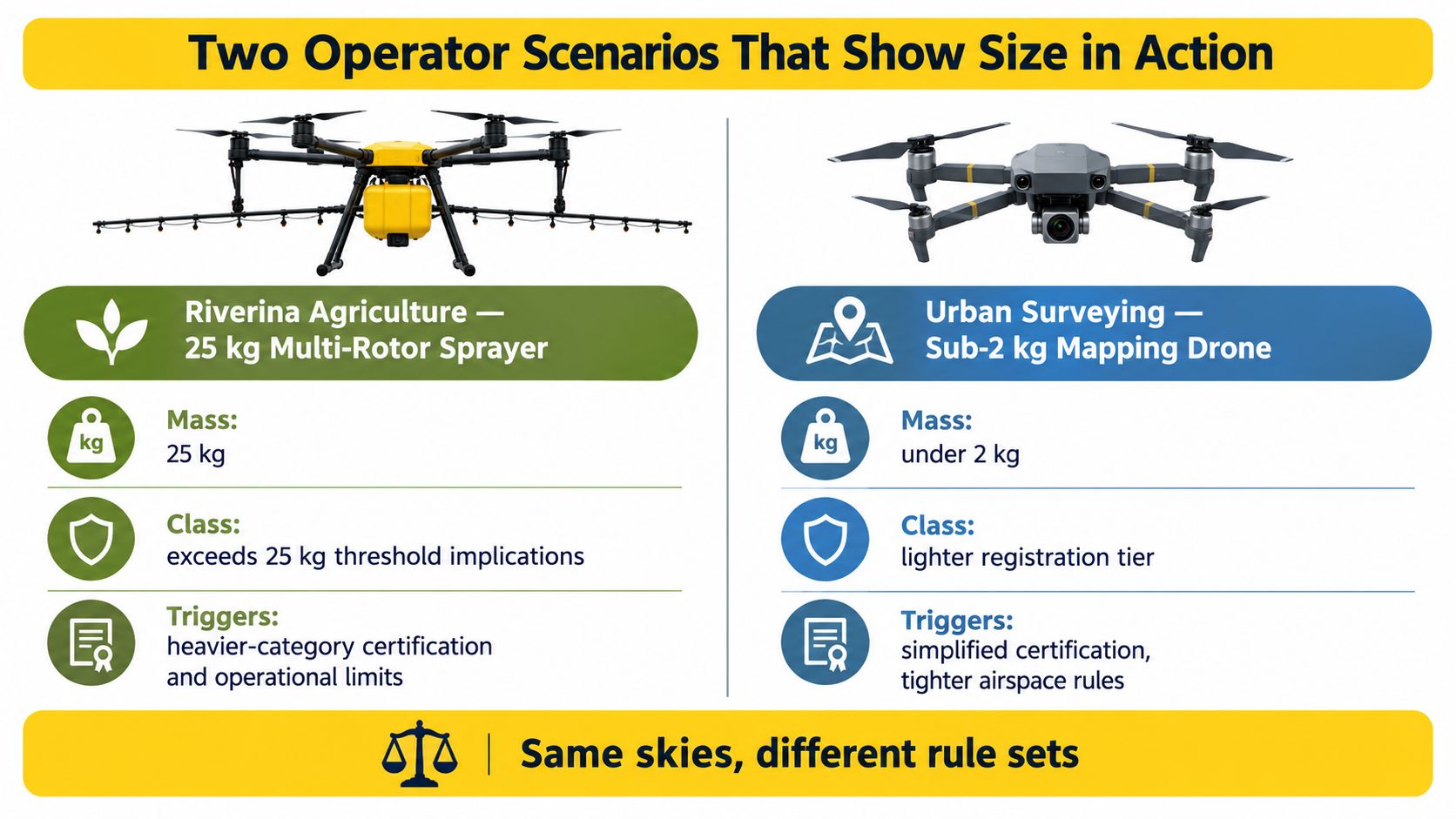 An infographic showing drone size regulations for a 25kg agricultural sprayer versus a sub-2kg mapping drone.