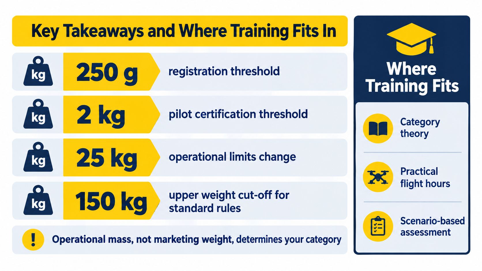 A chart showing drone weight thresholds for registration, certification, and standard operational rules alongside training requirements.